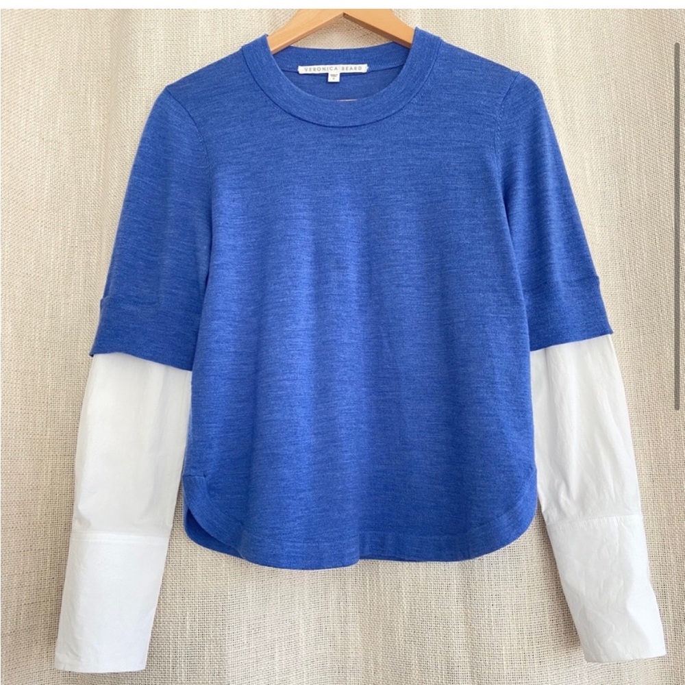 Veronica Beard Roscoe Merino Wool Mixed Media Sweater Blue Small